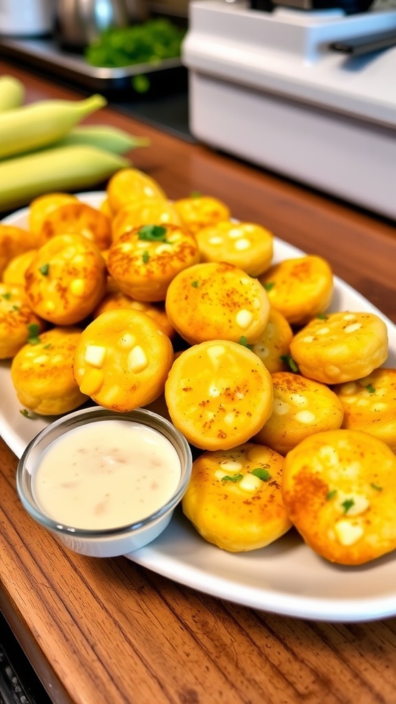 Golden yellow corn and cheese snack bites on a plate with dipping sauce in a rustic kitchen.